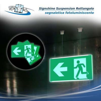 Signshine Suspension Rettangolo - Segnaletica uscita di sicurezza fotoluminescente con cavi a soffitto