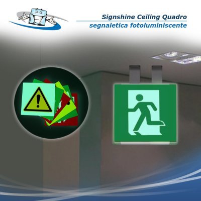 Signshine Ceiling Quadro - Segnaletica di sicurezza luminescente a bandiera da soffitto con vari pittogrammi in 2 formati