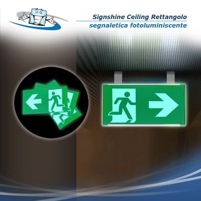 Signshine Ceiling Rettangolo - Segnaletica uscite di sicurezza luminescente a bandiera da soffitto con vari pittogrammi