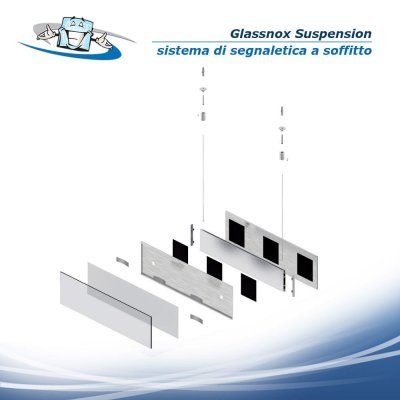 Glassnox Suspension - Sistema di Segnaletica su cavi a soffitto bifacciale con cornice in acciaio inox