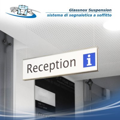 Glassnox Suspension - Sistema di Segnaletica su cavi a soffitto bifacciale con cornice in acciaio inox