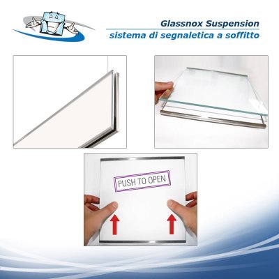 Glassnox Suspension - Sistema di Segnaletica su cavi a soffitto bifacciale con cornice in acciaio inox