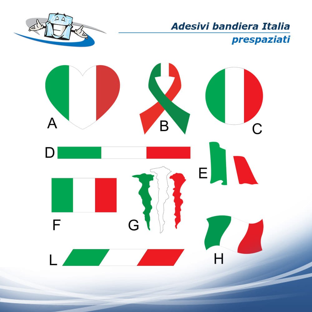 N. 2 pz. Scritte adesive prespaziate senza fondo in vinile personalizzate  con colori speciali e bandiera dell'Italia