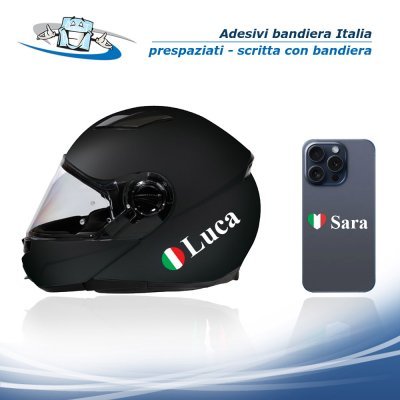 N. 2 pz. Scritte Adesive Personalizzate con Nome e Bandiera Italiana per Caschi, Auto, Moto, Biciclette e Modellismo