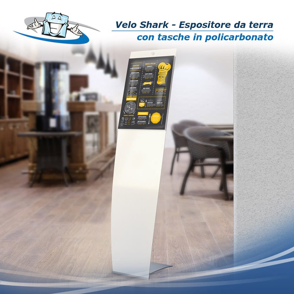 Velo Shark Restyle - Espositore da terra autoportante con tasche porta informazioni