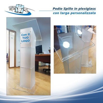 Spillo - Podio leggio per conferenze in plexiglass trasparente con targa quadrata personalizzabile