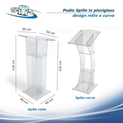 Spillo - Podio leggio per conferenze in plexiglass trasparente con targa quadrata personalizzabile