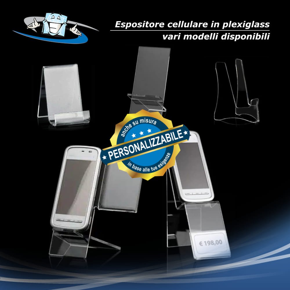 Espositore Porta Telefonino in plexiglass per vetrina, supporto cellulari da banco