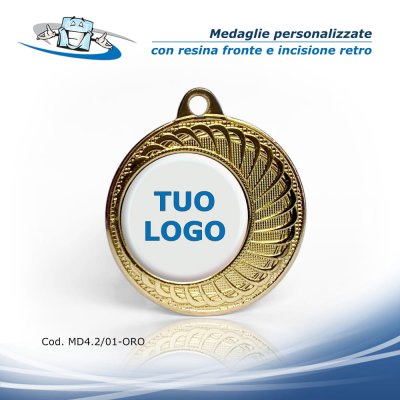 Medaglie personalizzate con etichetta resinata e incisione: Ø 4,2 cm - mod. 01 - ORO