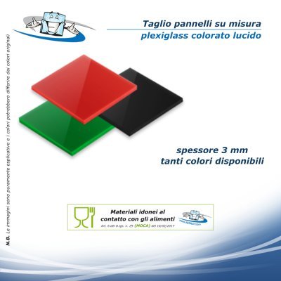 Lastre Plexiglass colorato 3 mm, taglio pannelli su misura, metacrilato con dimensioni e colori personalizzabili.