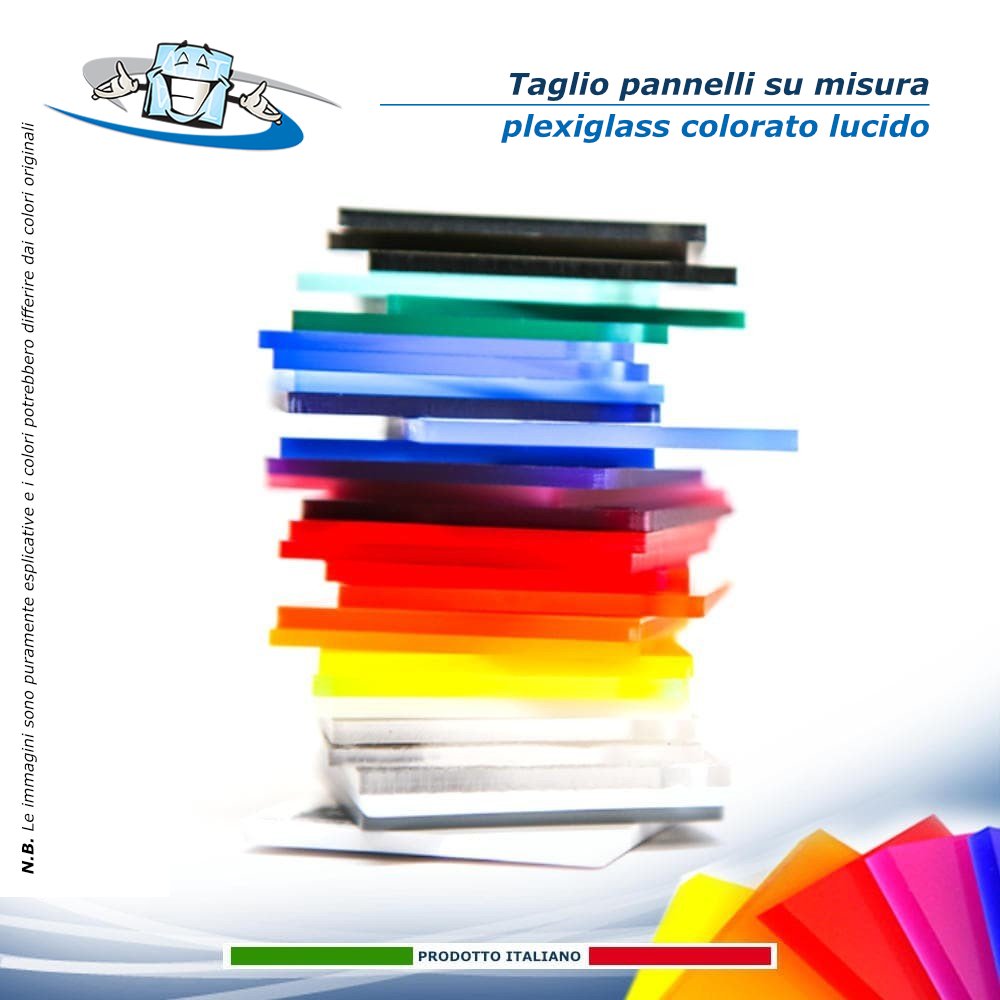 Lastre Plexiglass colorato 3 mm, taglio pannelli su misura, metacrilato con dimensioni e colori personalizzabili.