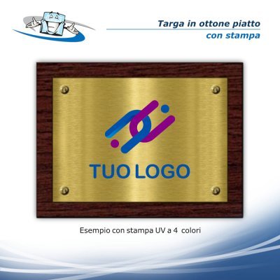 Targhe personalizzate con base in legno in ottone piatto - con stampa UV fino a 3 colori