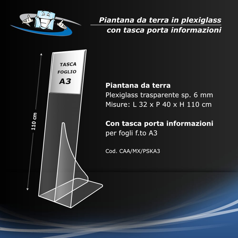 Piantana con tasca porta informazioni per fogli formato A3 in plexiglass trasparente