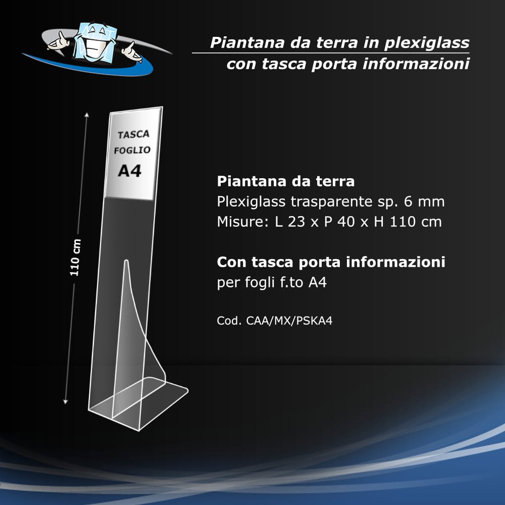 Piantana con tasca porta informazioni per fogli formato A4 in plexiglass trasparente