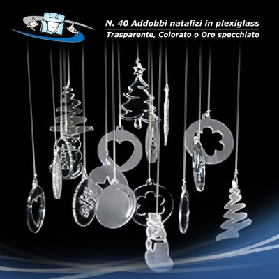 N.40 pezzi assortiti Decorazioni Ornamenti Addobbi Natalizi in Plexiglass Trasparente, Colorato o Oro Specchiato