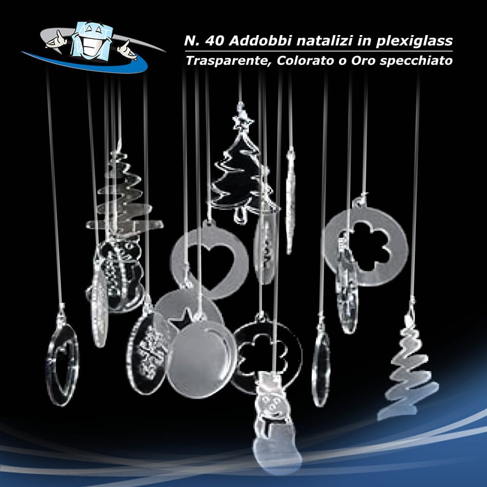 N.40 pezzi assortiti Decorazioni Ornamenti Addobbi Natalizi in Plexiglass Trasparente, Colorato o Oro Specchiato