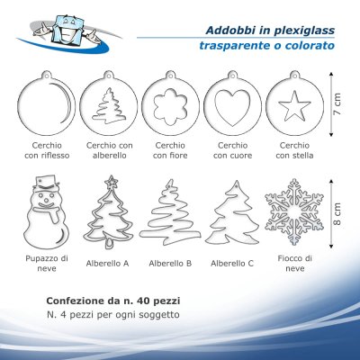 N.40 pezzi assortiti Decorazioni Ornamenti Addobbi Natalizi in Plexiglass Trasparente, Colorato o Oro Specchiato