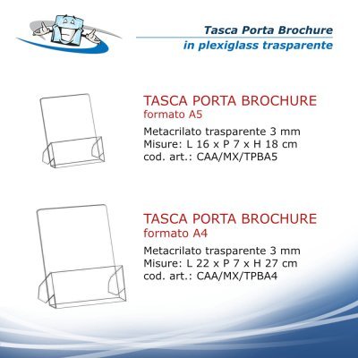Tasca porta brochure in plexiglass da banco per fogli formato A4 e A3