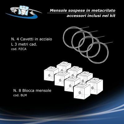 Mensole in plexiglass sospese a soffitto - Accessori inclusi nel kit
