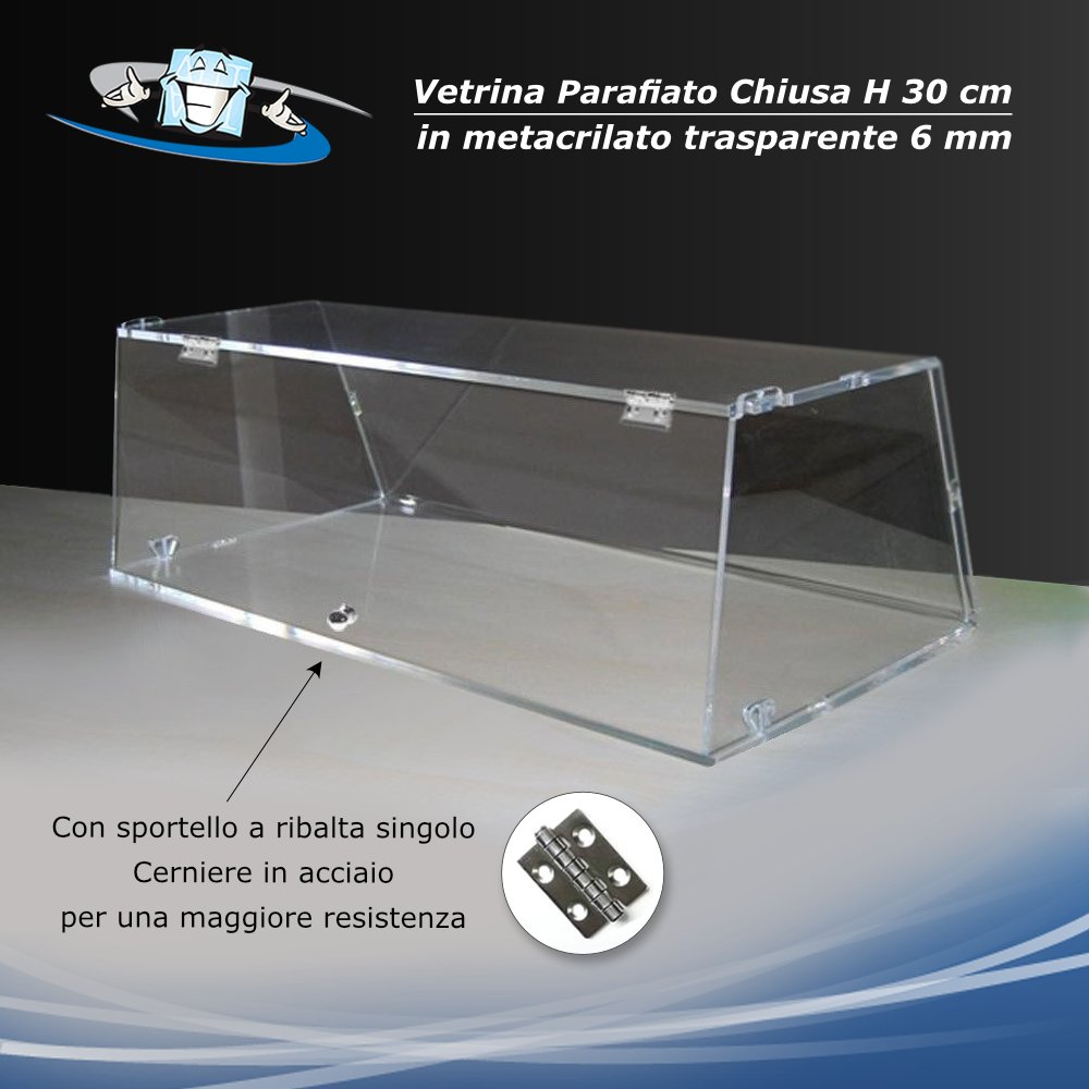 Parafiato H30 cm chiuso su tre lati in plexiglass, vetrina per alimenti, parasputo, barriera anche con sportello
