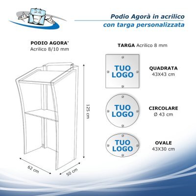 Agorà - Podio leggio per conferenze in plexiglass con targa personalizzabile e microfoni