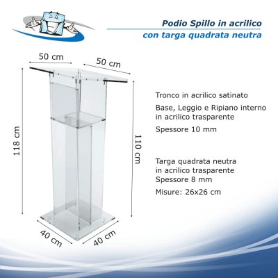 Spillo - Podio leggio per conferenze in plexiglass trasparente con targa quadrata neutra