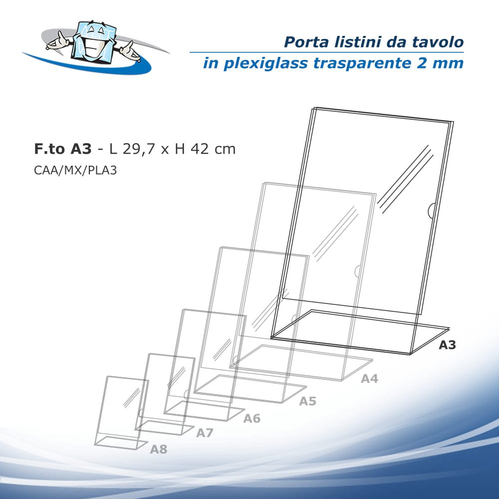 Porta listino menu da banco in plexiglass trasparente formato A3