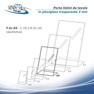 Porta listino menu da banco in plexiglass trasparente formato A5