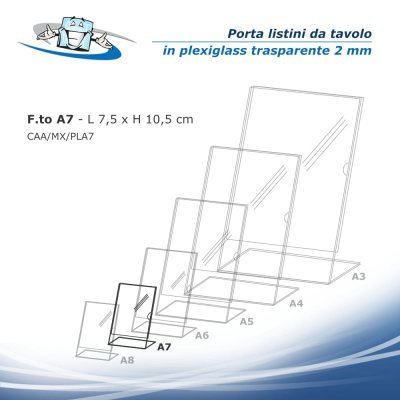 Porta listino menu da banco in plexiglass trasparente formato A7