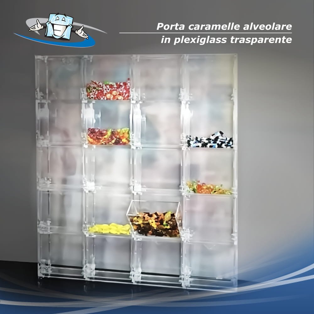 Porta caramelle alveolare da parete in plexiglass con contenitori estraibili
