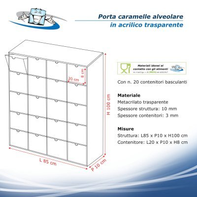 Porta caramelle alveolare da parete in plexiglass con contenitori estraibili