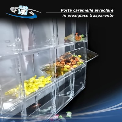 Porta caramelle alveolare da parete in plexiglass con contenitori estraibili