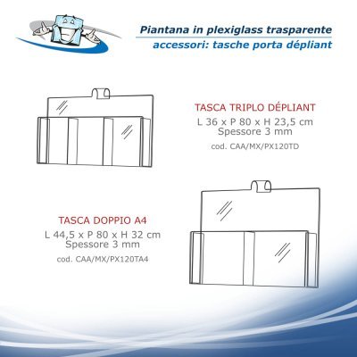 Piantana porta depliant in plexiglass trasparente con tasche porta dépliant