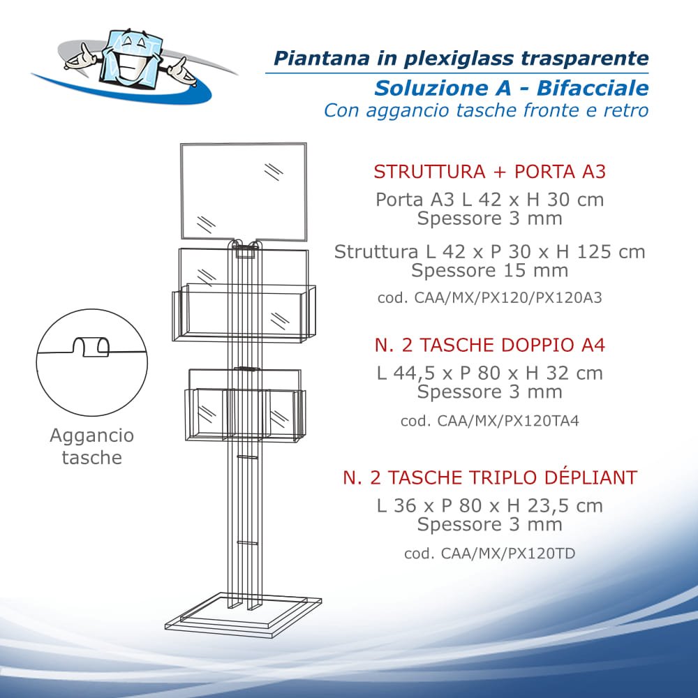 Piantana porta depliant in plexiglass SOLUZIONE A BIFACCIALE