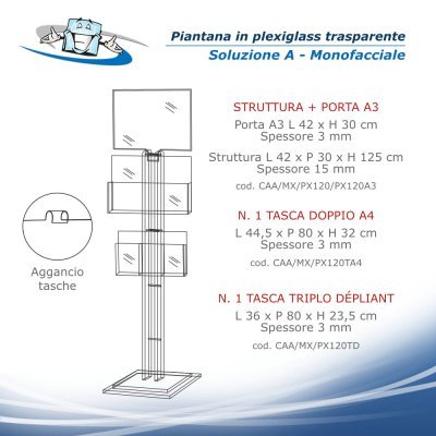 Piantana porta depliant in plexiglass SOLUZIONE A MONOFACCIALE