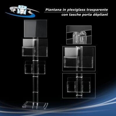 Piantana porta depliant in plexiglass trasparente con tasche porta dépliant
