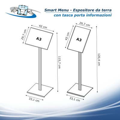Smart Menu - Leggio espositore da terra con tasca porta informazioni inclinabile A3