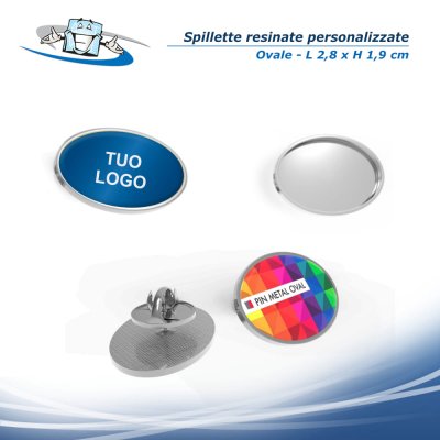 Spillette ovali personalizzate resinate con supporto e chiusura a farfalla in metallo