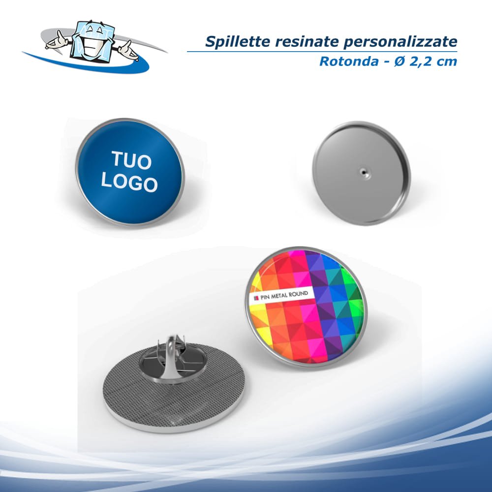 Spillette rotonde personalizzate resinate con supporto e chiusura a farfalla in metallo