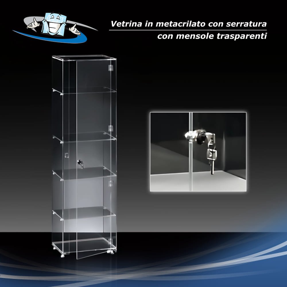 Vetrina espositiva Mirò in Plexiglass con serratura e ruote - L35 x P35 x H150 cm - mensole trasparenti