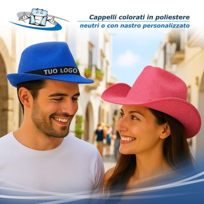 Cappelli in Poliestere colorati neutri o con nastro personalizzato disponibili in 2 modelli