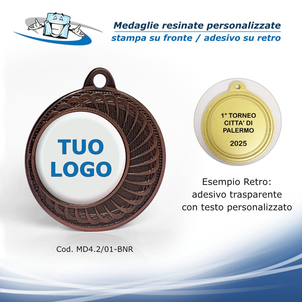 Medaglie premiazione personalizzate economiche in metallo con etichetta resinata 2D - cod. MD4.2/01 Bronzo