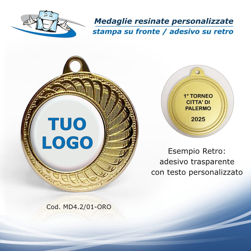 Medaglie premiazione personalizzate economiche in metallo con etichetta resinata 2D - cod. MD4.2/01 Oro