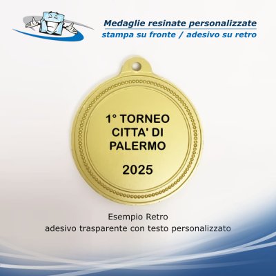 Medaglie premiazione personalizzate economiche in metallo con etichetta resinata 2D - esempio adesivo personalizzato sul retro