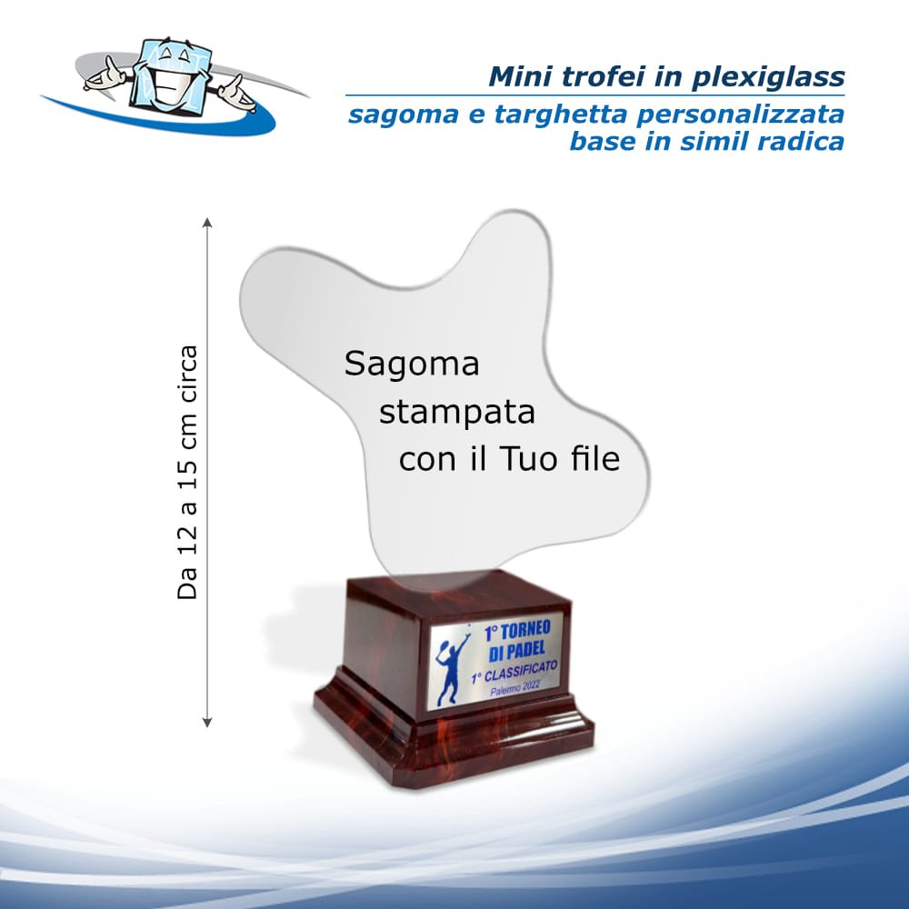 Trofei in plexiglass con sagoma e targhetta personalizzate per tornei di Padel o altri sport - base in simil radica