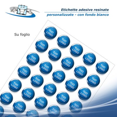 Etichette Adesive Resinate su fondo bianco con misure e sagome personalizzate