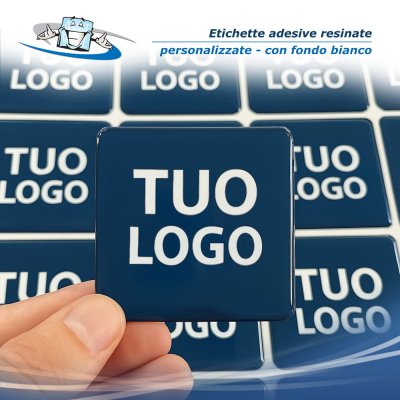 Etichette Adesive Resinate su fondo bianco con misure e sagome personalizzate