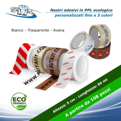 Conf. da n. 36 pz. Nastri adesivi personalizzabili in PPL ecologico H 5 cm x 66 mt