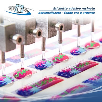 Etichette Adesive Resinate personalizzate con stampa su fondo argento o oro anche sagomate in varie misure