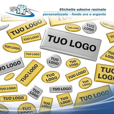 Etichette Adesive Resinate personalizzate con stampa su fondo argento o oro anche sagomate in varie misure